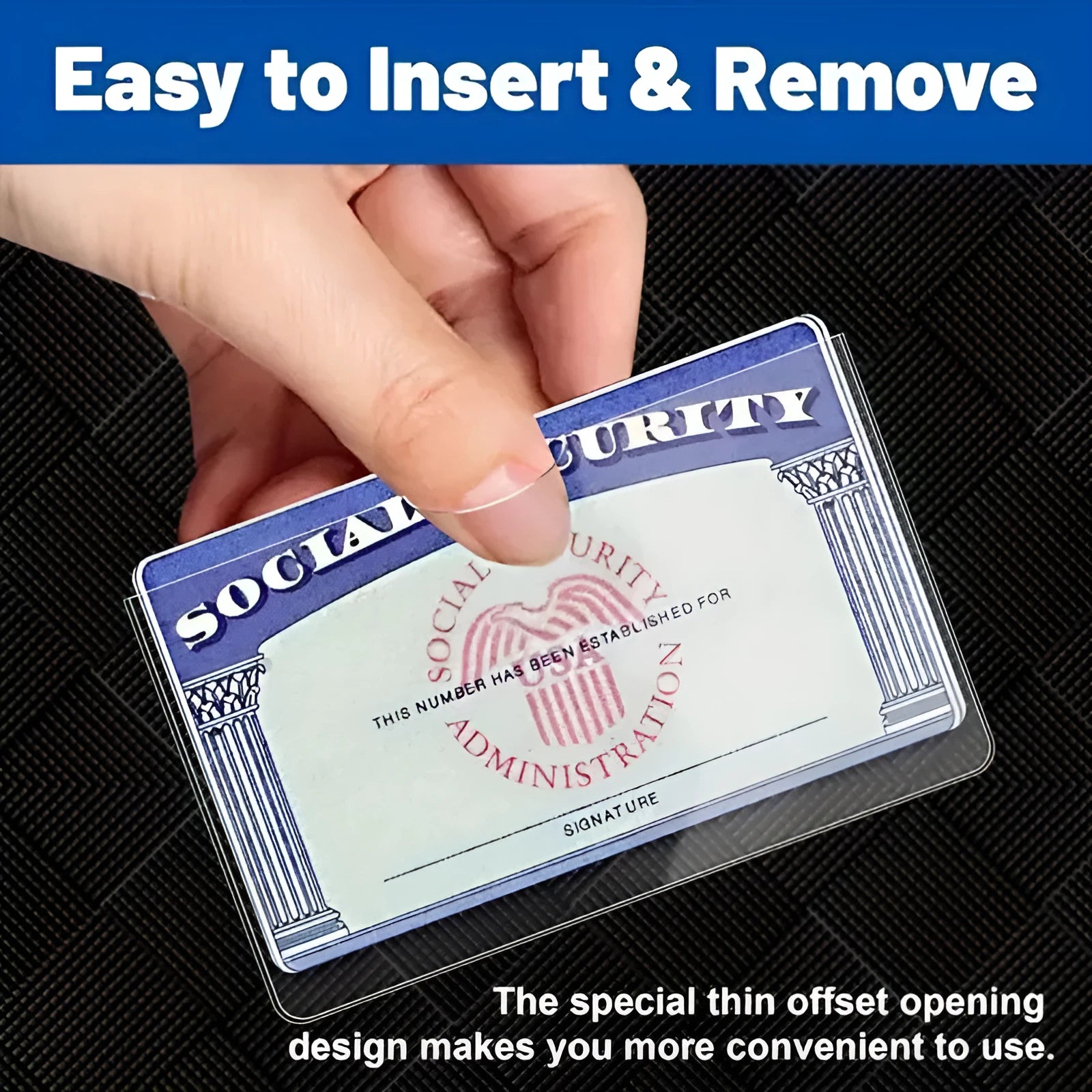 Transparent PVC social security card holder showing card visibility and waterproof protection