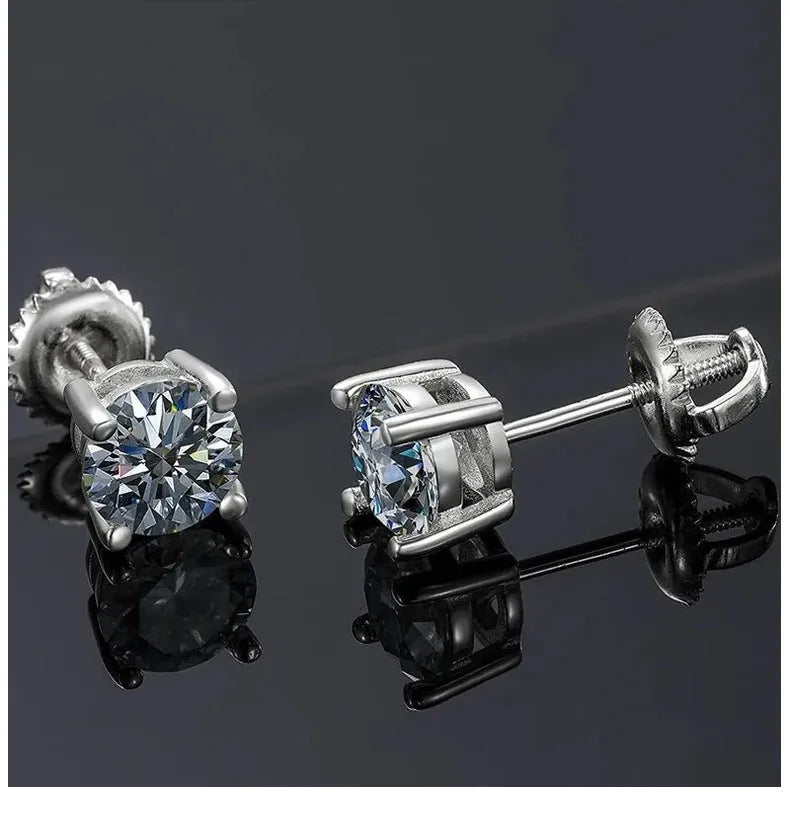 Silver plated screw back moissanite stud earrings with four claw setting in geometric shape