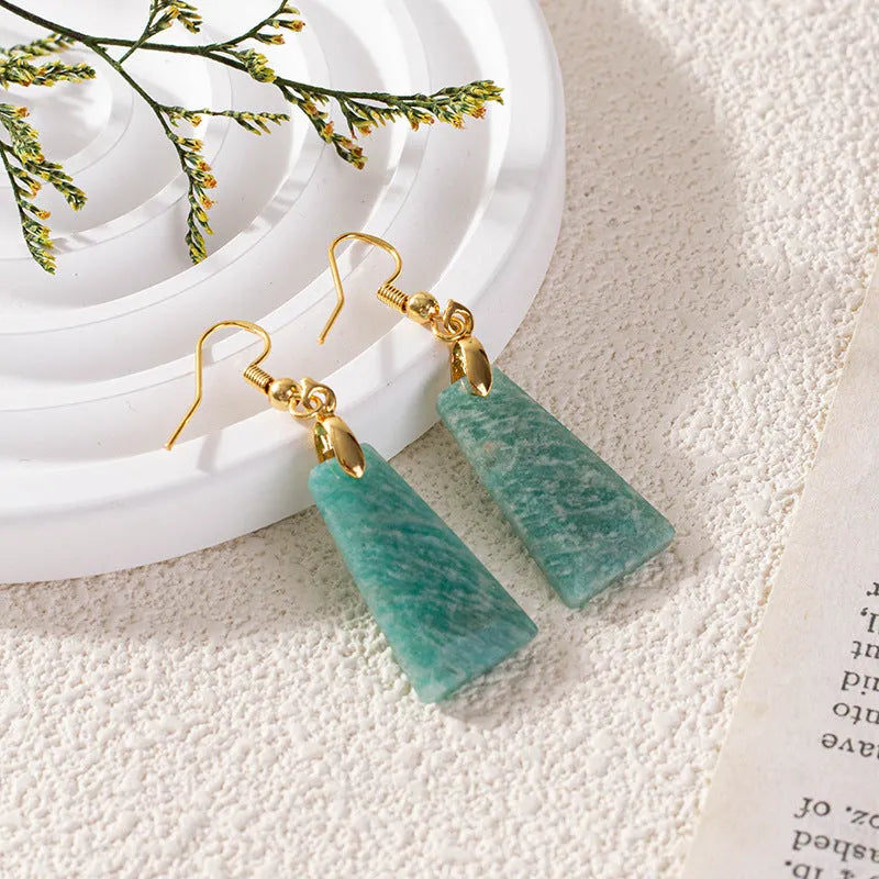 Amazonite rough stone trapezoid earrings with geometric shapes in gold or silver pastoral style settings