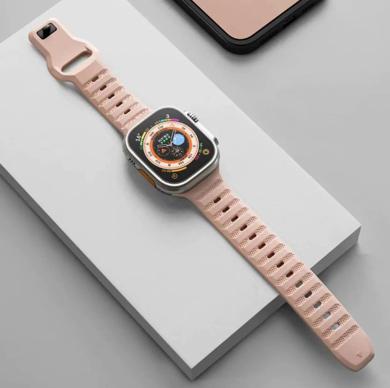 Fluoro rubber watch band with T buckle for Apple Watch, shown in multiple colours.