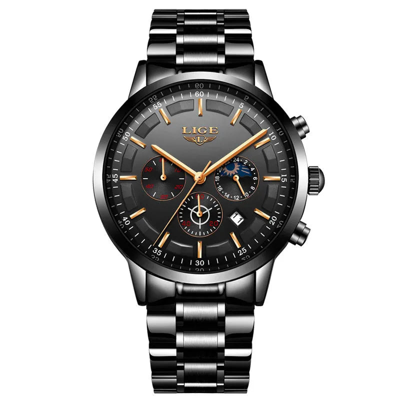 Men's waterproof quartz business sports watch showing four colour options with 12mm thickness