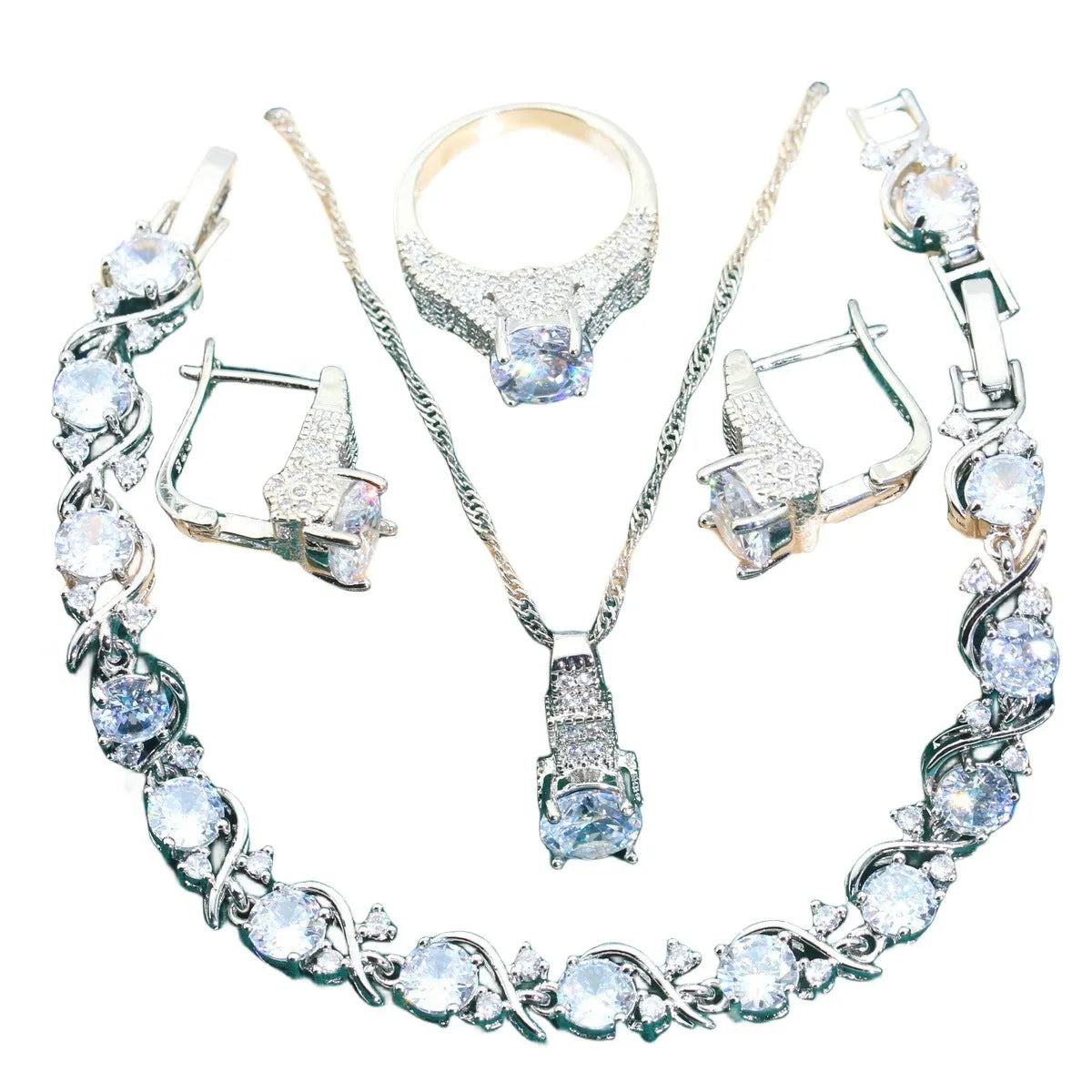 Bridal zircon necklace, earrings, ring, and bracelet four-piece jewellery set in alloy.