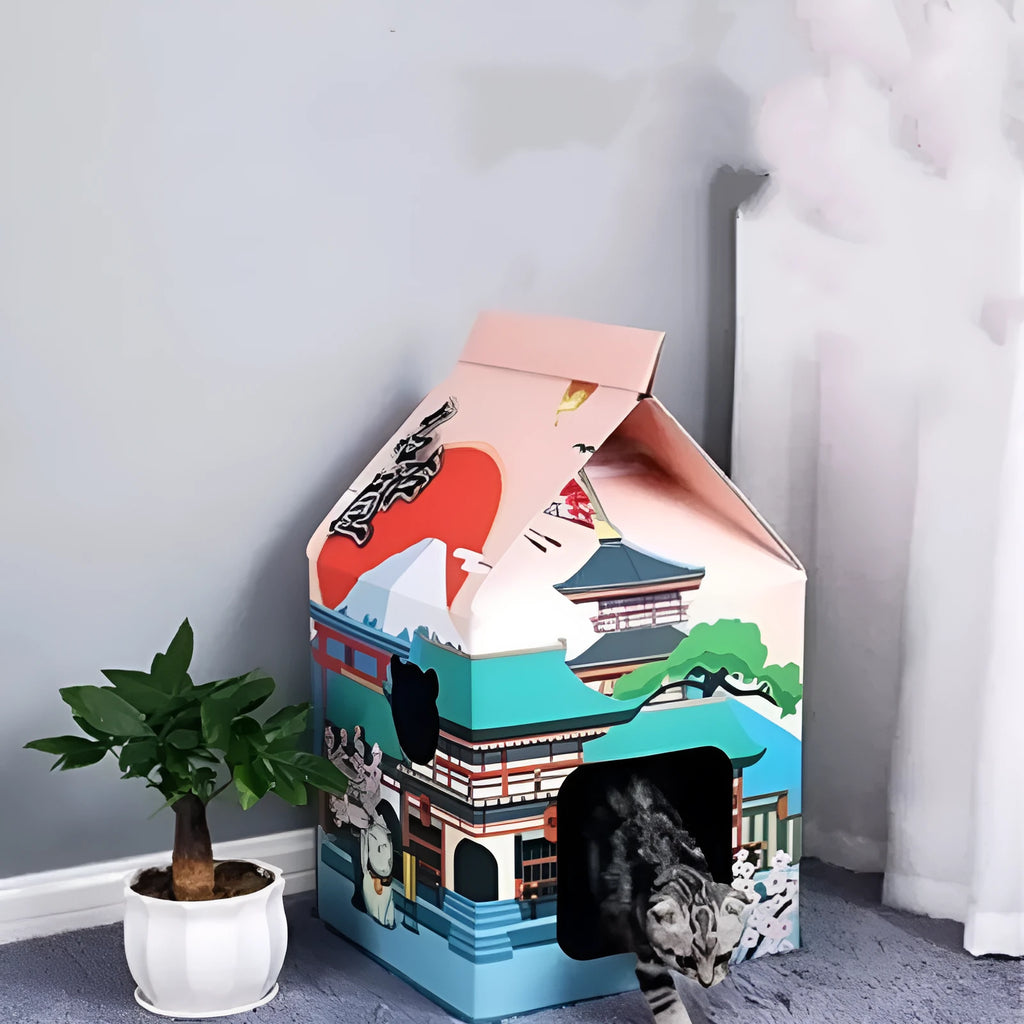 Foldable corrugated paper cat scratching board with Nagoya pattern design laid flat.