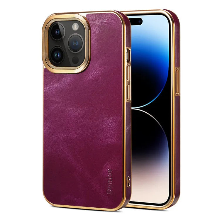 Handmade slim leather protective case for iPhone in black, shown fitted on a phone.