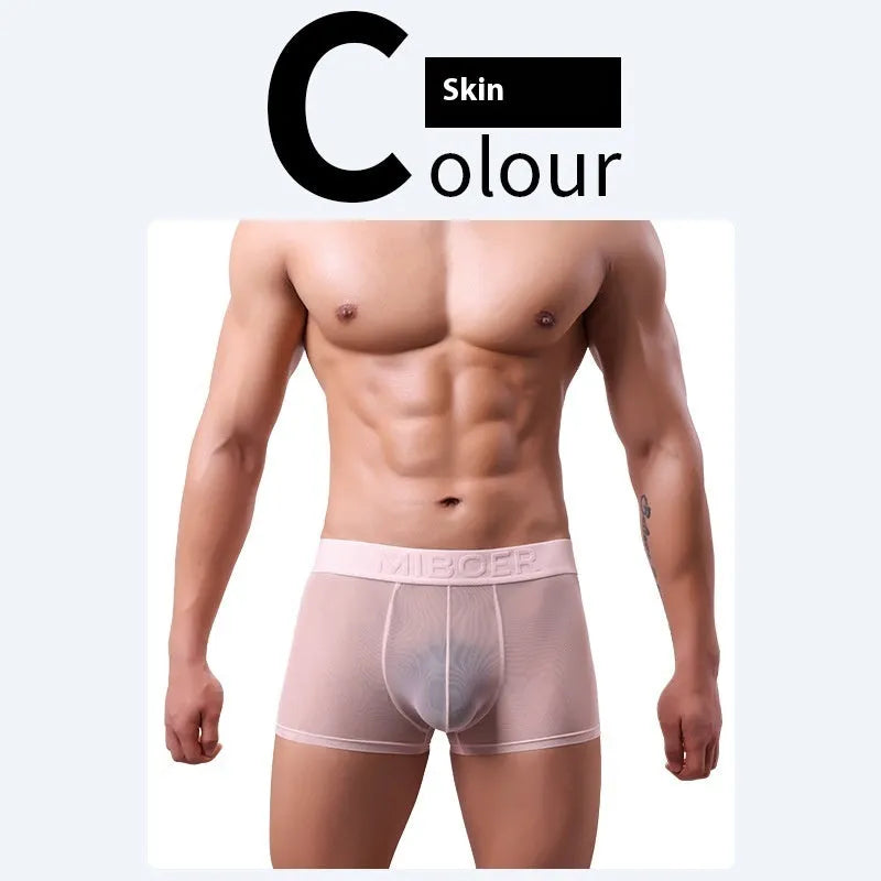 Men's thin solid colour boxer shorts in quick-dry polyester fabric on a size chart.
