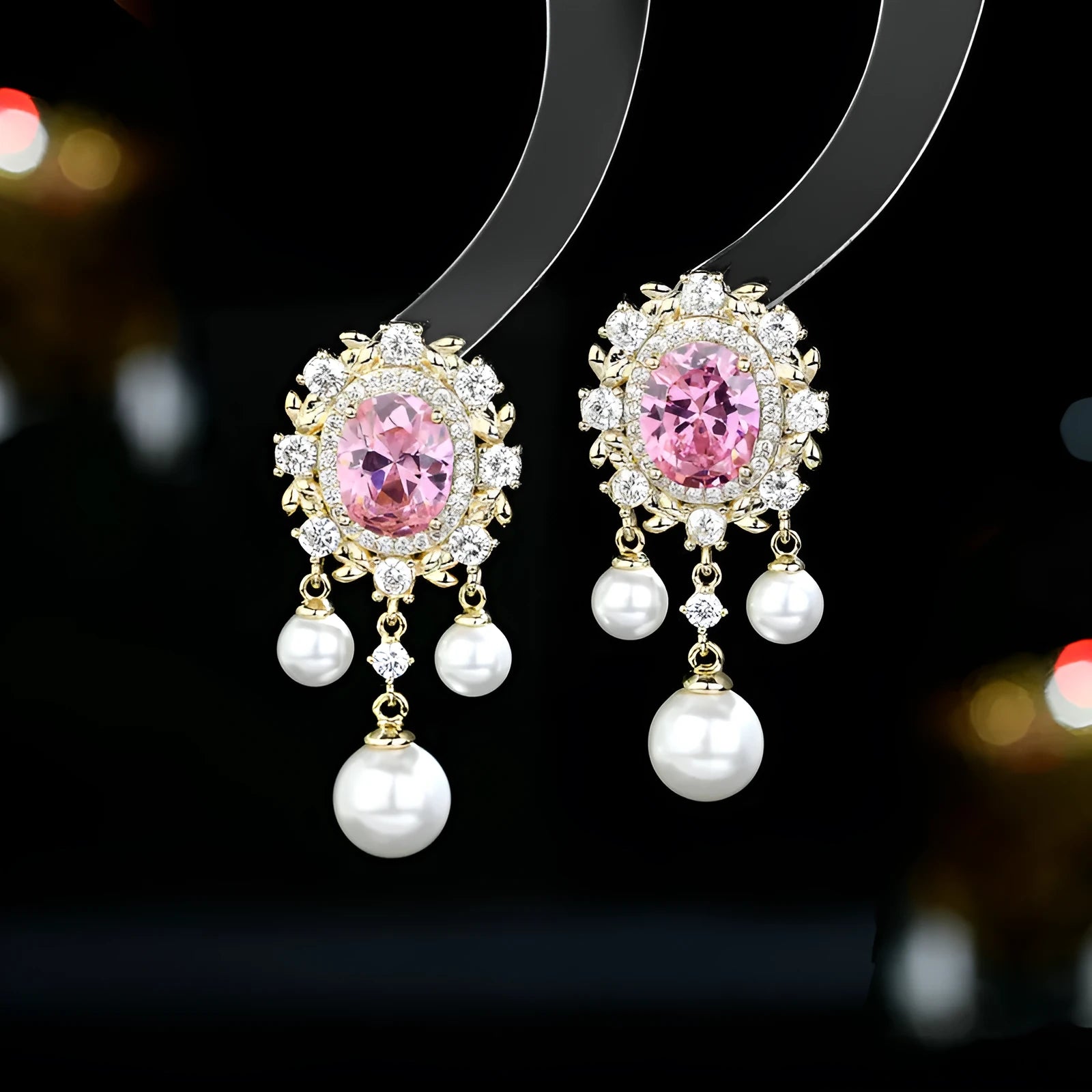 Geometric oval pearl tassel earrings with zircon detailing in light purple colour