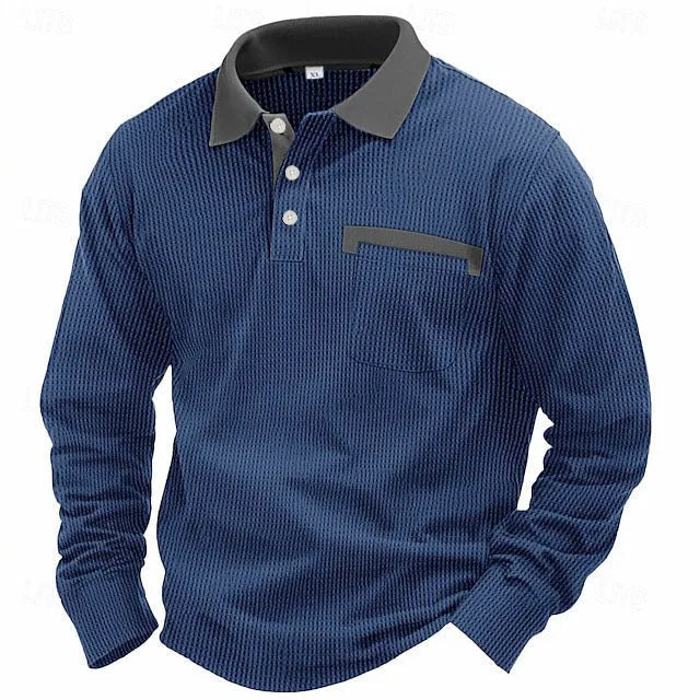 Man wearing a long-sleeve waffle-texture polo shirt in a loose retro fit, showing asymmetric design detail.