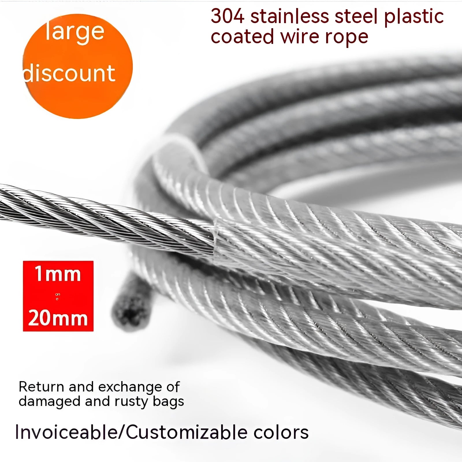 Coiled 304 stainless steel multi-strand security wire rope for anti-theft use.