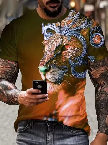 Men's grey T-shirt with a large, fierce 3D lion head print on the chest.