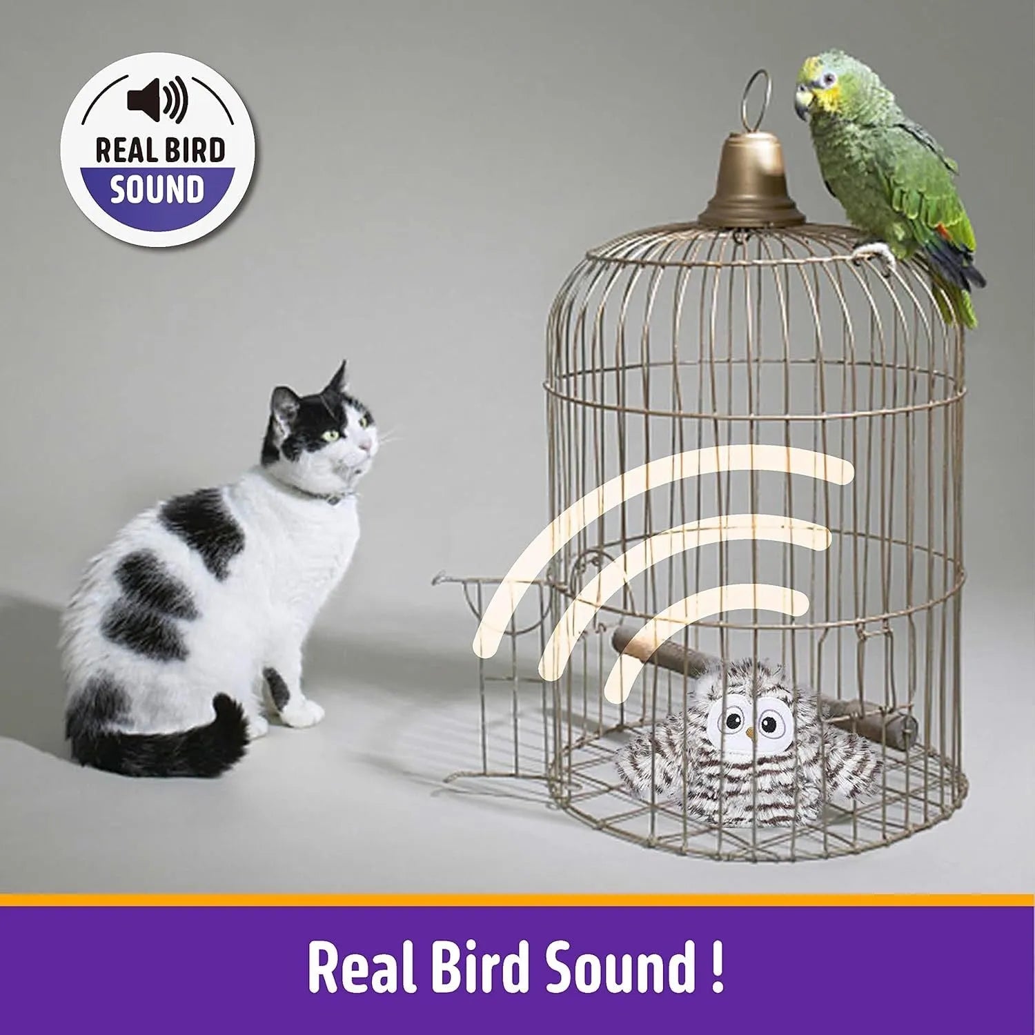 Grey automatic chirping owl cat toy with beating wings on a floor.