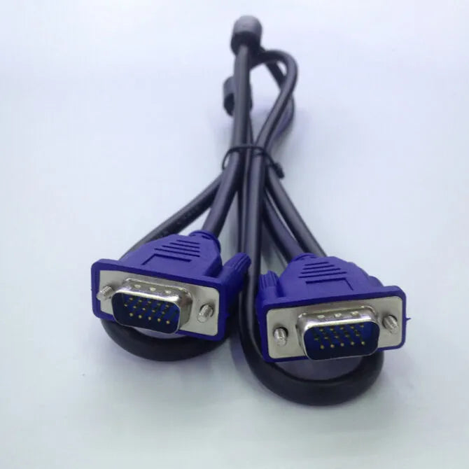Black VGA cable with blue moulded heads and nickel-plated connectors, length 1.5 metres