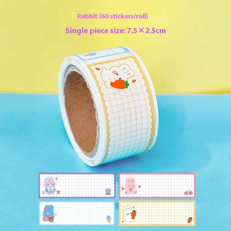 Roll of cartoon adhesive name tape stickers showing Dinosaur, Astronaut, Rabbit, and Girl designs.