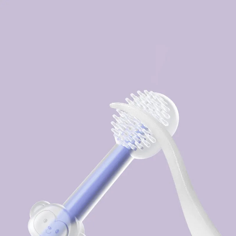 Purple pet toothbrush with soft silicone bristles for dog and cat dental cleaning