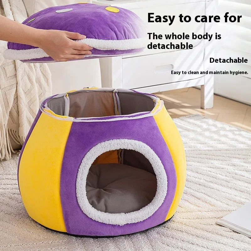 Grey plush mushroom-shaped cat nest with a detachable blanket, shown alongside pink and purple colour options.