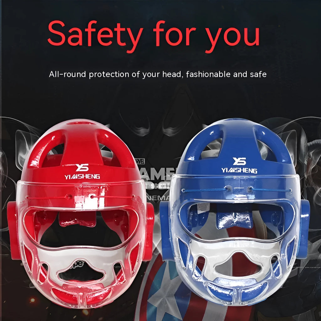 Karate helmet protective equipment in white blue red colours with S M L XL sizing for boxing head protection