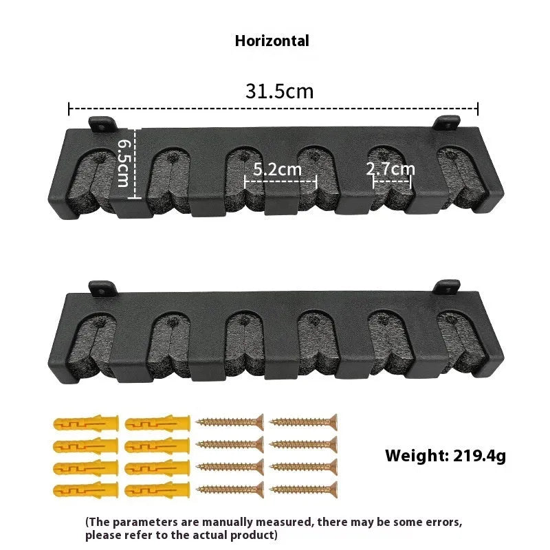 Black ABS plastic wall-mounted fishing rod holder in horizontal and upright frame styles
