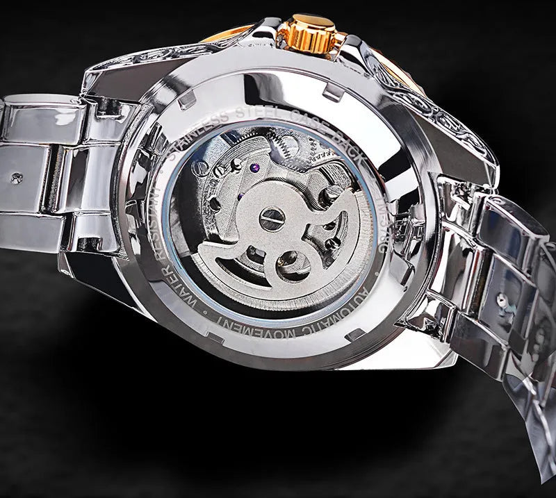 Yellow Forsining skeleton tourbillon mechanical watch with stainless steel case and band
