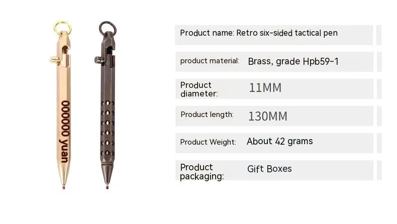 Retro brass hexagonal bolt pen with six-angle barrel design showing 13cm length and brass construction