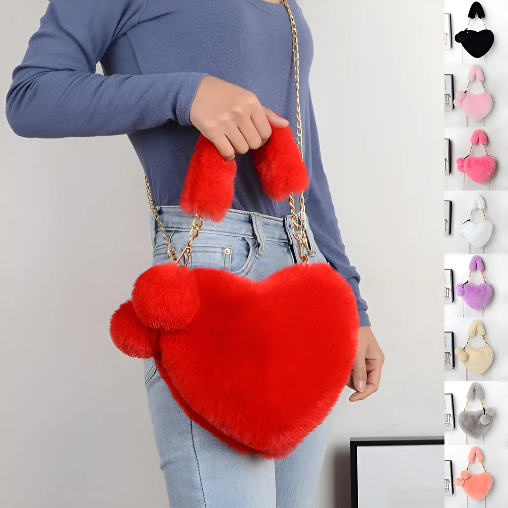 Soft plush heart-shaped women's handbag with zipper closure in various colours
