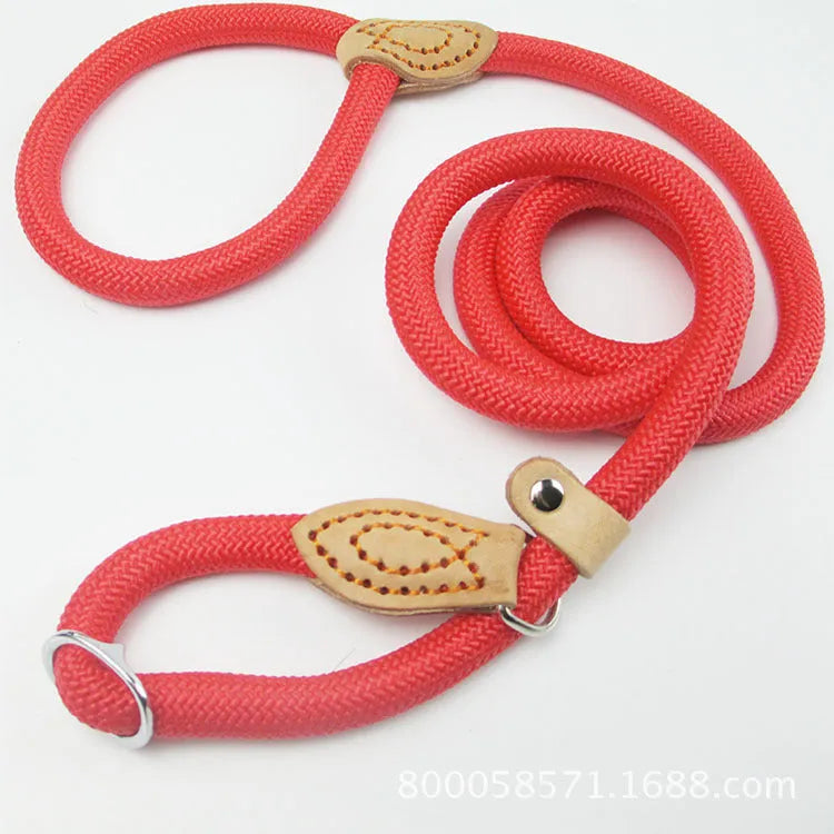 Brown nylon dog leash with chain links measuring 2.1 metres in length