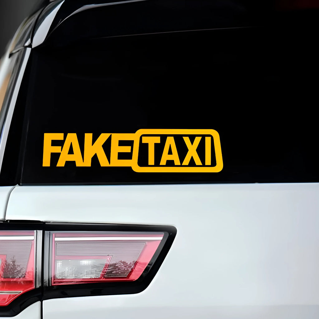 FAKE TAXI waterproof car warning sticker in black, measuring 20cm by 8cm.