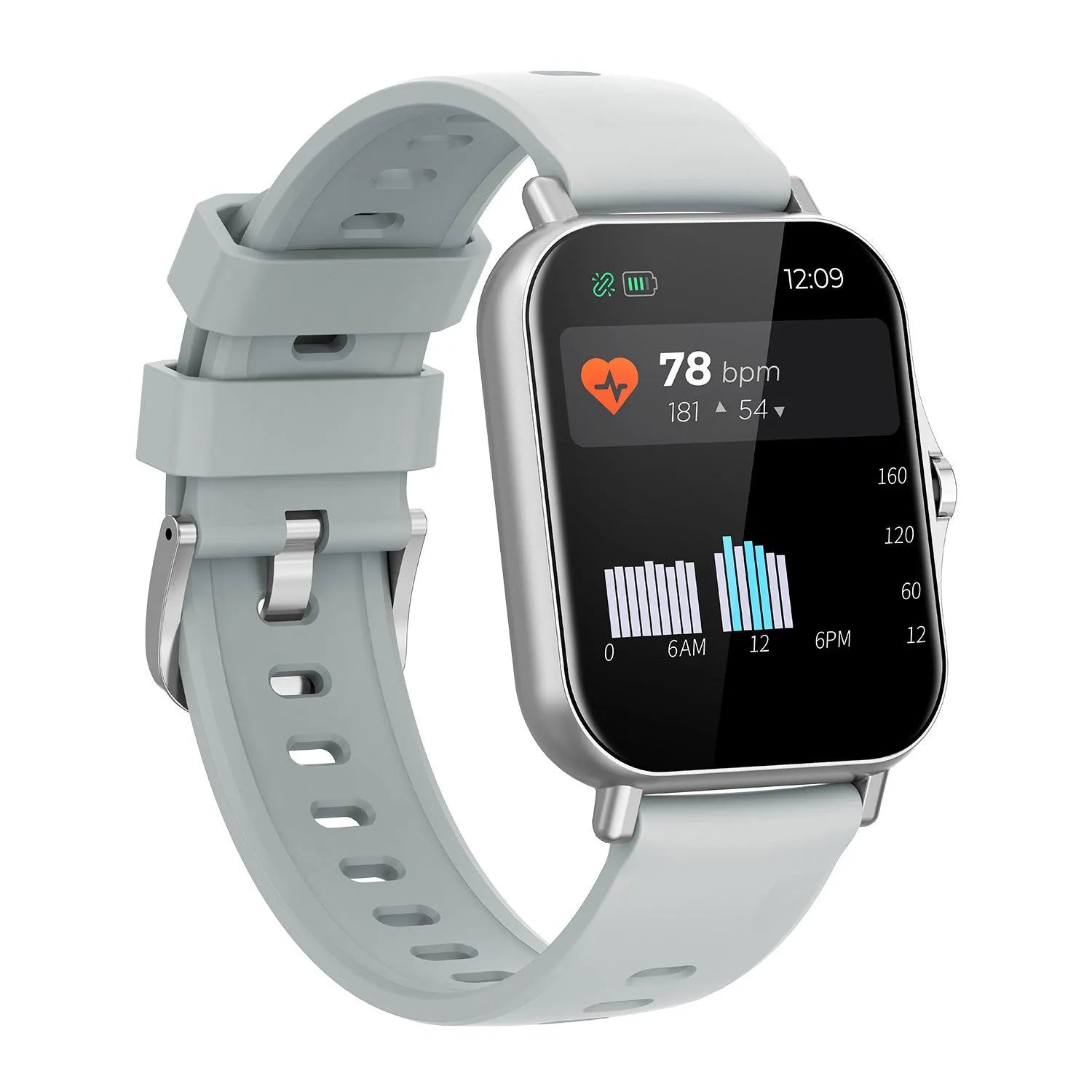 W10 smart watch in black showing heart rate display on its 1.75-inch curved touch screen.
