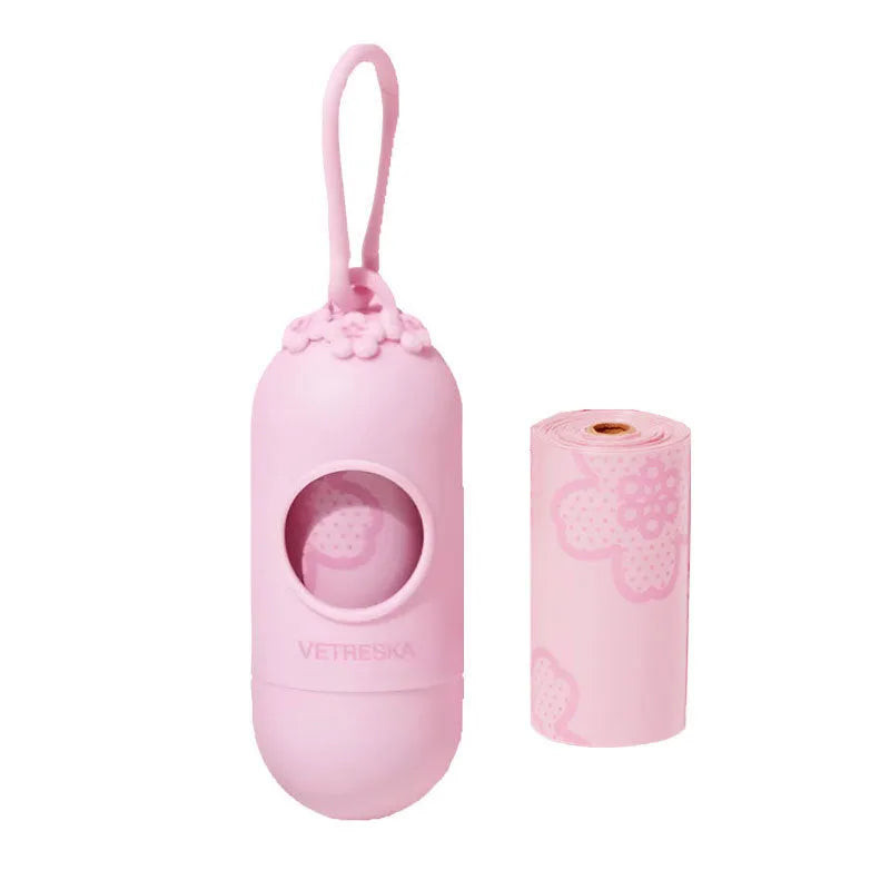 Dog poo bag dispenser capsule with scented refill roll in strawberry pattern design