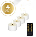 Four white plastic LED tealight candles with flickering flame effect