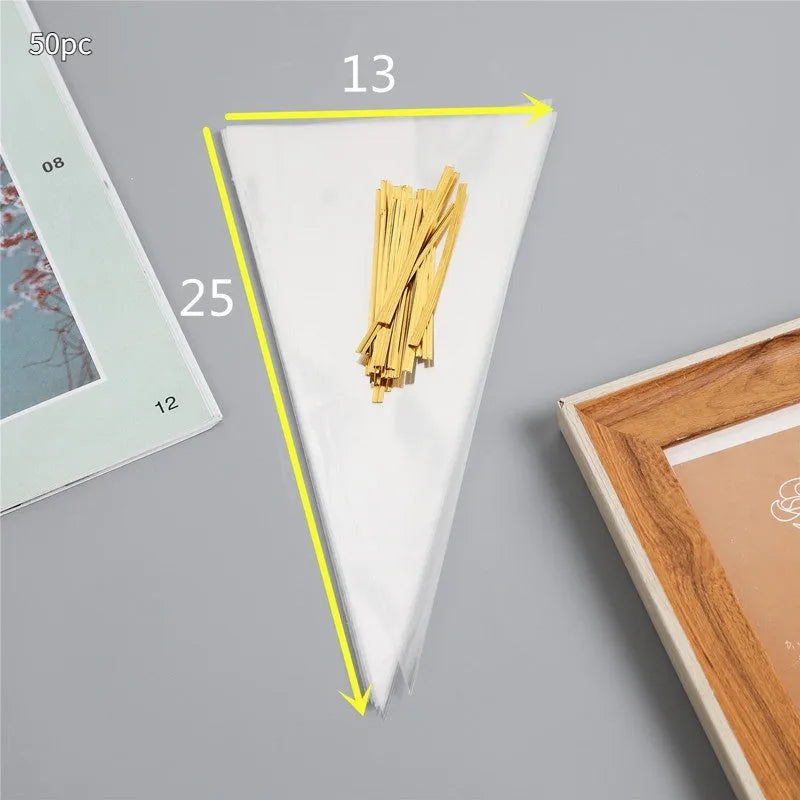 Transparent triangle-shaped plastic OPP bag with a silver tie wire closure, shown in a pack.