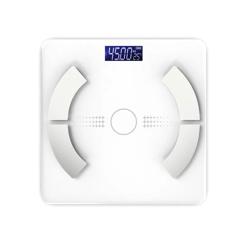 Smart Bluetooth rechargeable body fat scale in white, black or pink colours on bathroom floor