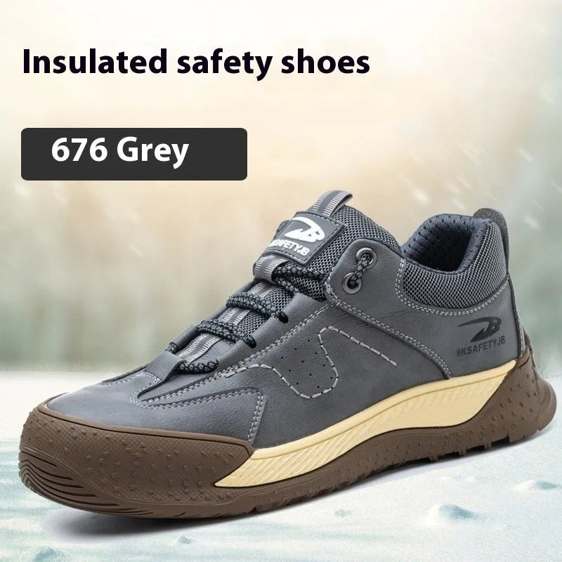 Flyknit leather work safety shoes with rubber sole in black, available sizes 36-46