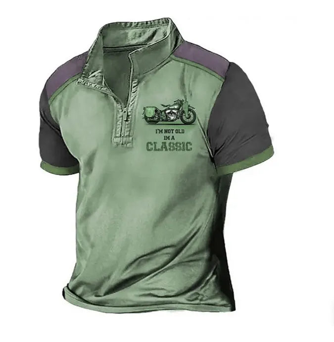 Man wearing a solid colour loose fit polyester golf polo shirt for sports leisure.
