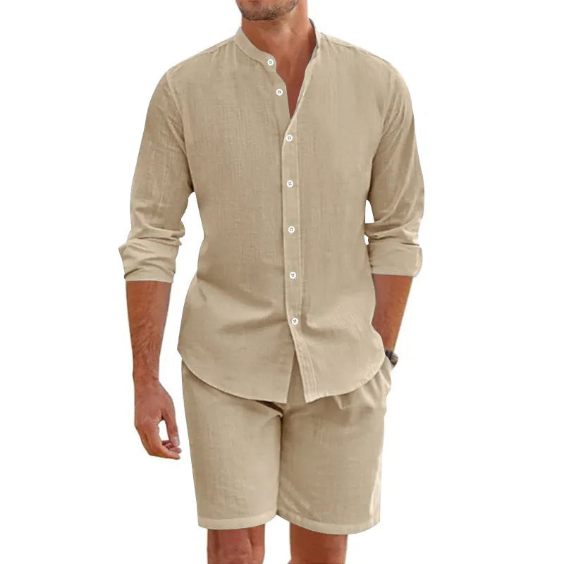 Men's linen blend summer set with lapel shirt and drawstring shorts in multiple colour options