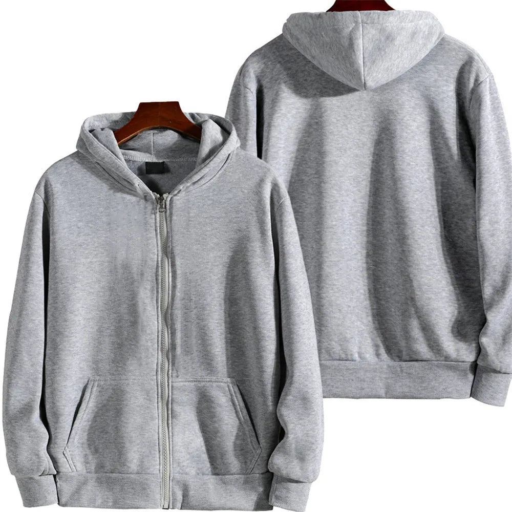 Men's solid colour loose fit zip-front sports jacket on a hanger.