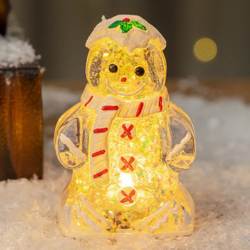 Glowing plastic gingerbread man Christmas ornament with a scarf in red, white, or transparent colours.
