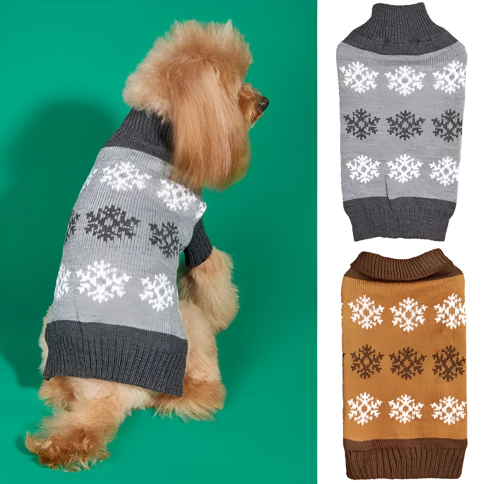 Dog wearing acrylic Christmas sweater in dark brown and grey colours for seasonal holiday wear