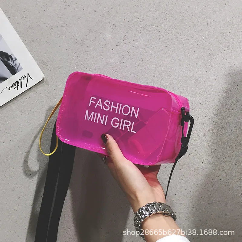 Transparent square jelly crossbody bag with adjustable strap in various colour options