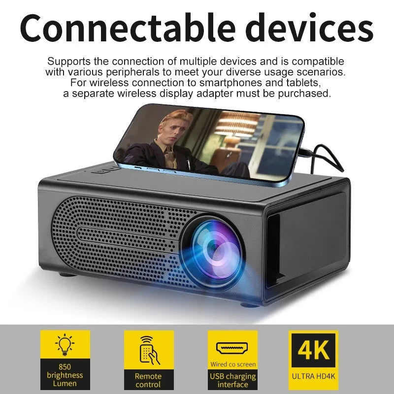 Black and white portable mini projector with wired mobile phone connection cable