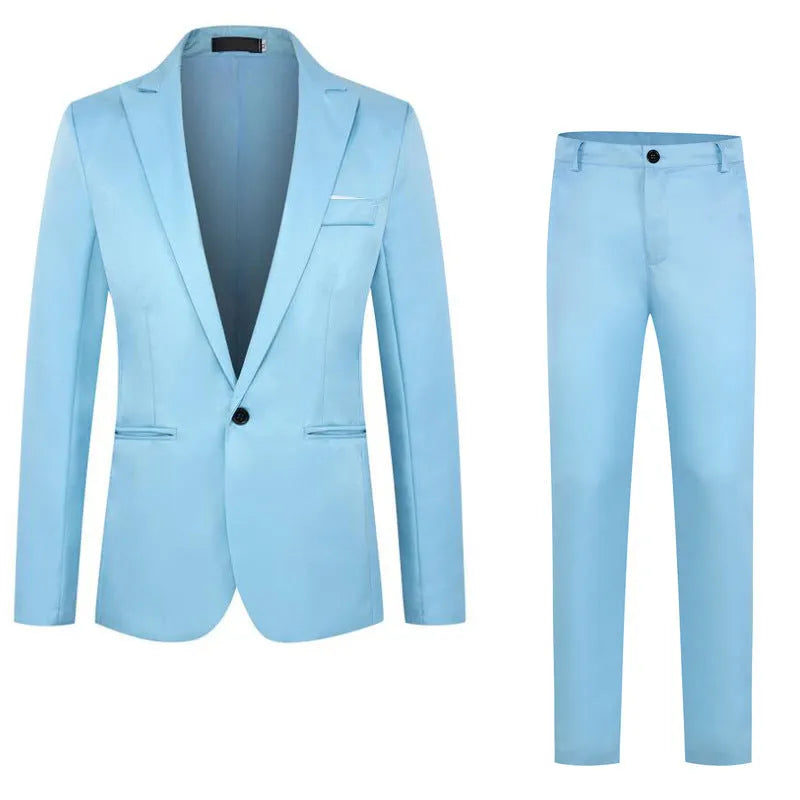 Men's loose-fit wedding suit jacket in acetate fibre, shown in multiple colours including black, grey, and wine red.