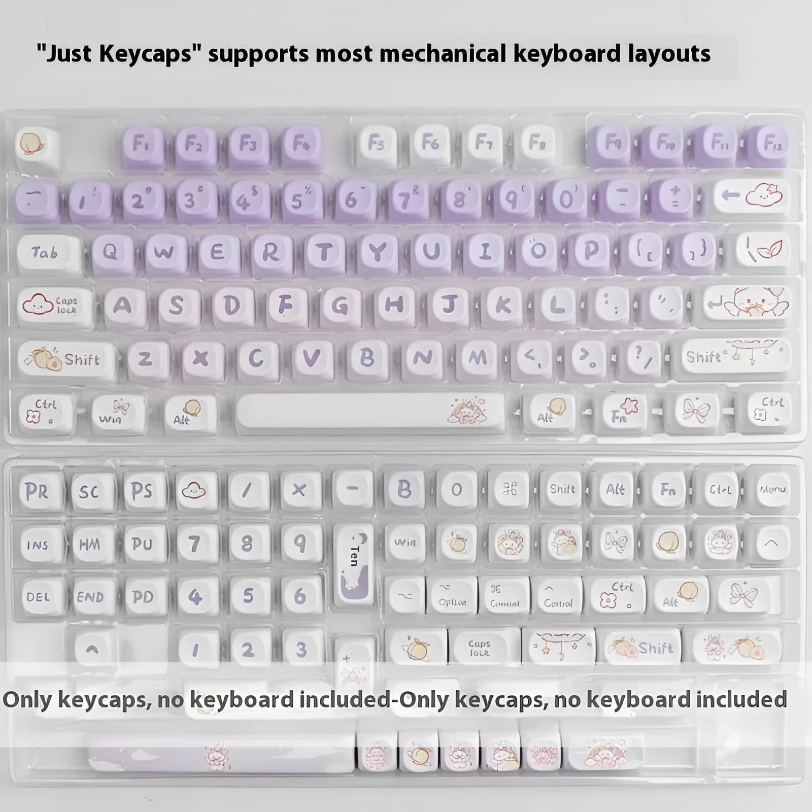 PBT gradient purple mechanical keyboard keycaps with detailed rabbit anime artwork.