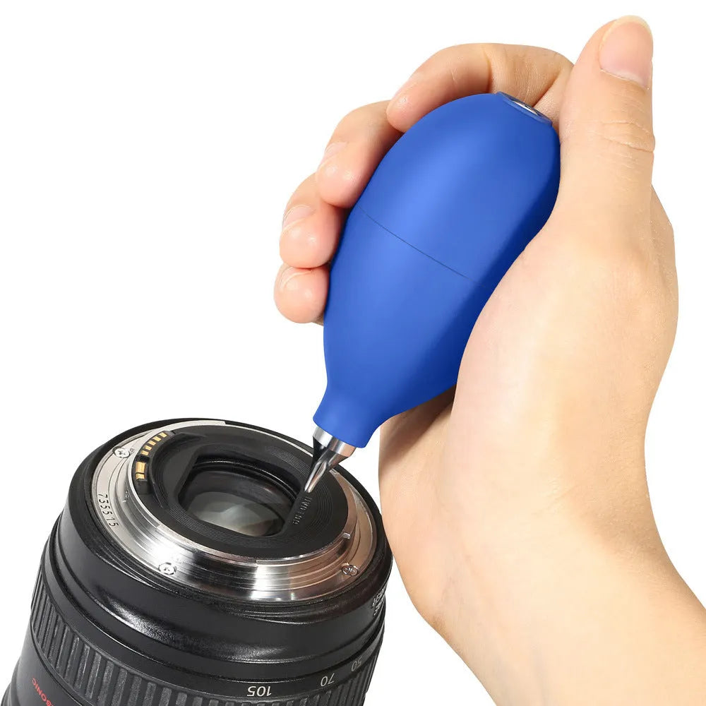 Blue rubber dust removal blower ball for cleaning camera lenses and mobile phones.
