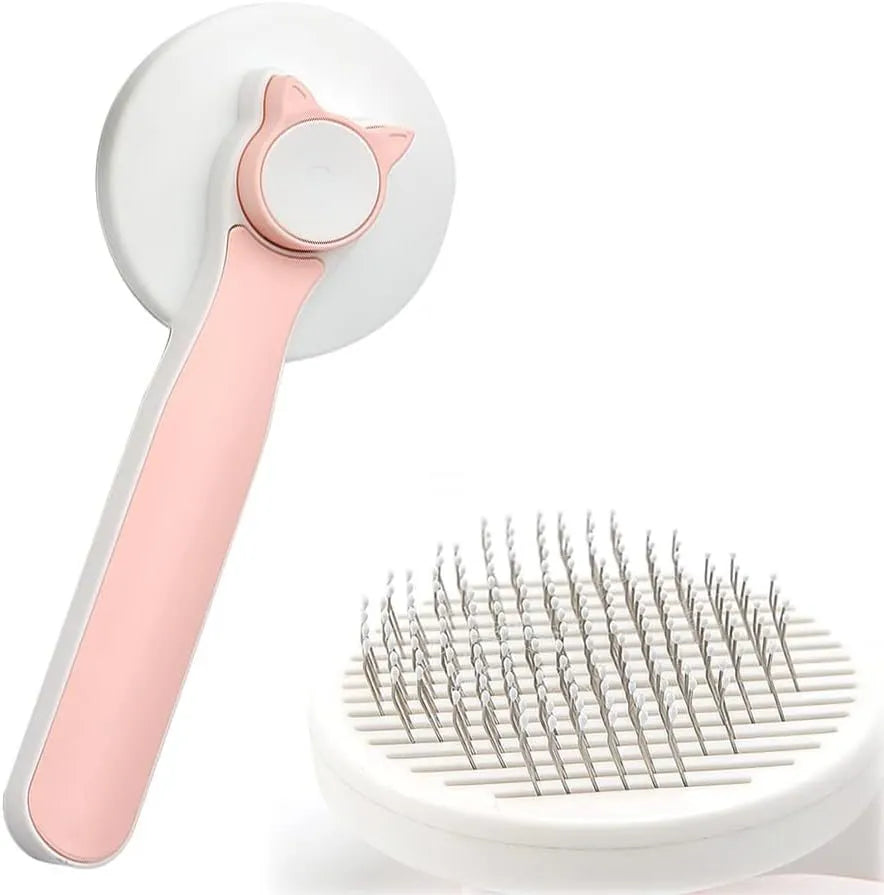 Blue self-cleaning cat brush with rubber handle and metal pins for pet grooming.