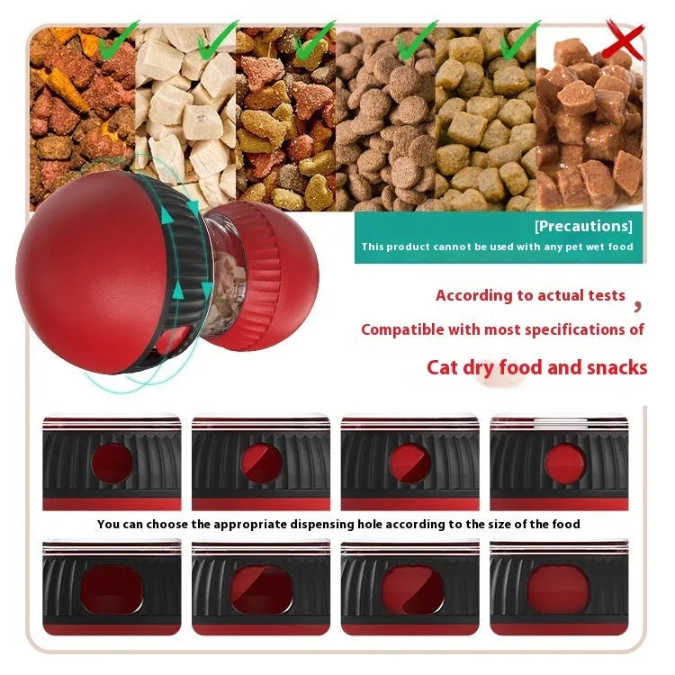 Plastic rotating cat feeder ball toy with a super ball component on a white background.