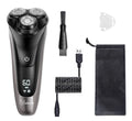 Electric shaver with three floating cutter heads, pop-up sideburn trimmer and LED display