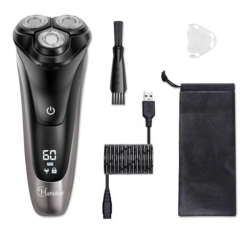 Electric shaver with three floating cutter heads, pop-up sideburn trimmer and LED display