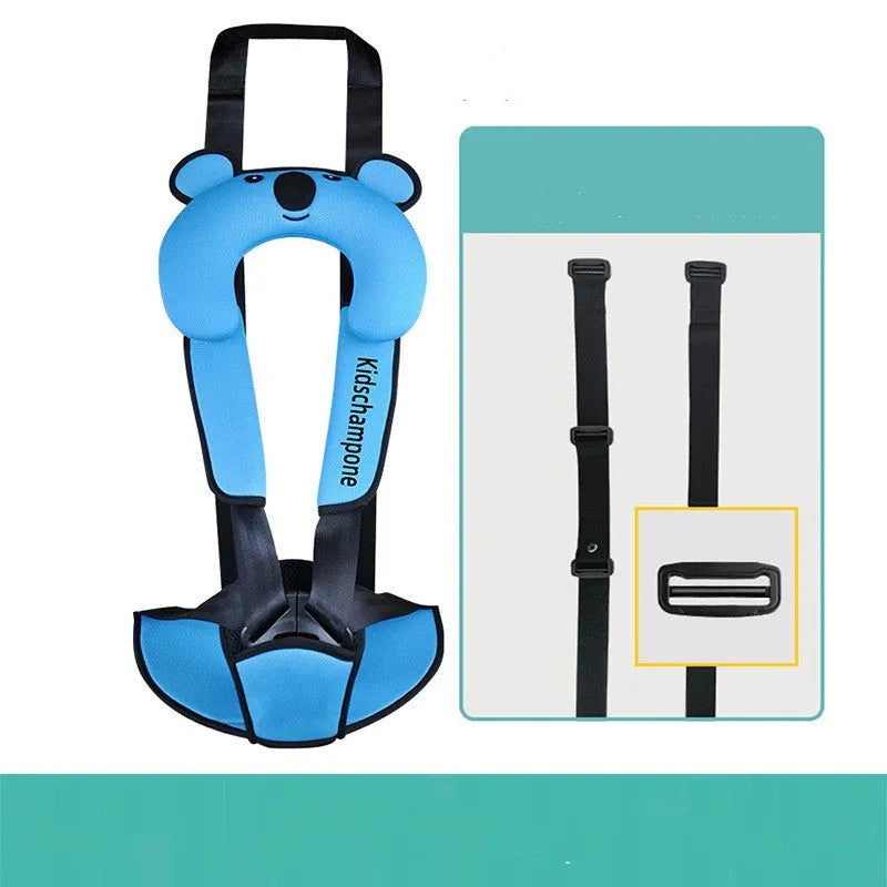 Portable child safety seat belt retainer in polyester construction with dimensions 33x22x9.5cm
