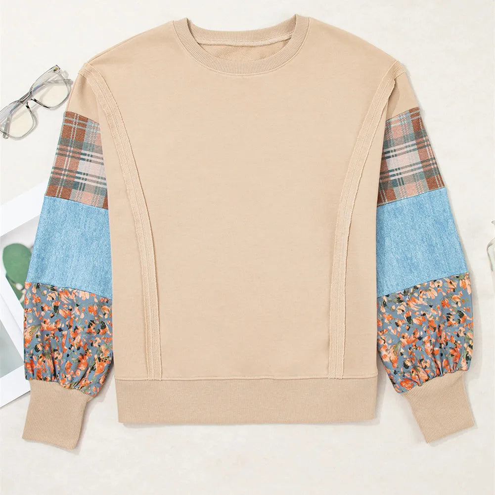 Women's apricot and red plaid stitching long-sleeved polyester top with Japanese-Korean casual style