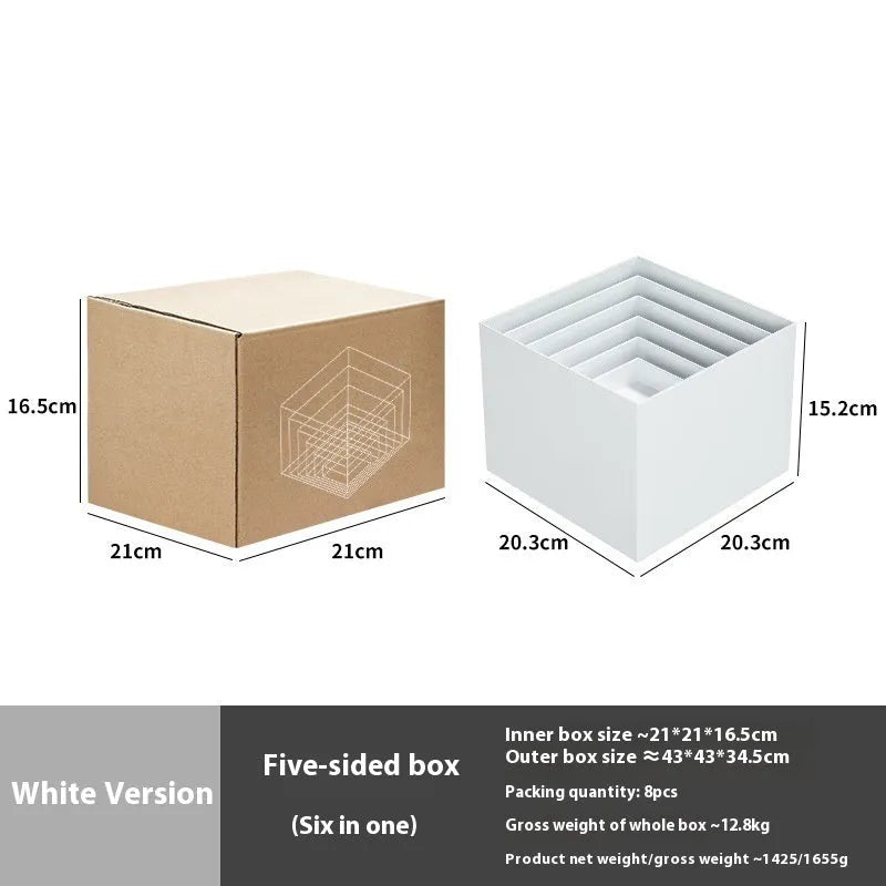 White plastic six-piece suit cube desktop dessert display stand set arranged in tiers.