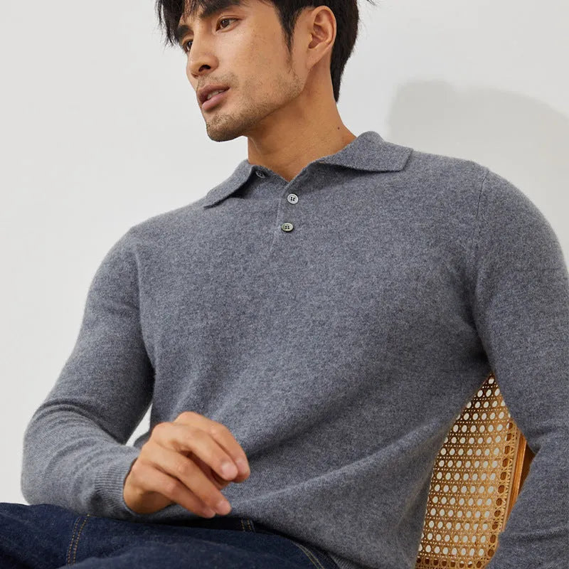 Men's sapphire blue cashmere polo collar loose fit pullover sweater