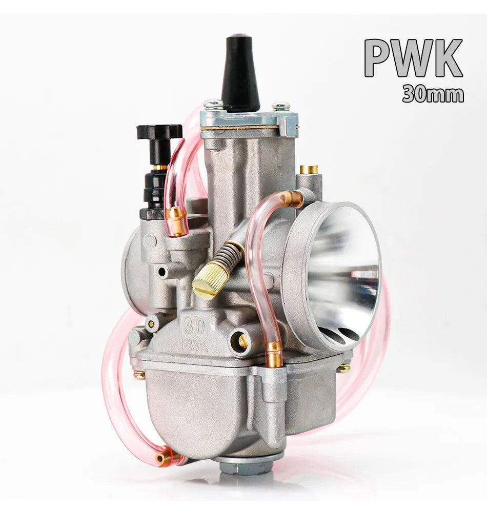 Motorcycle carburettor modification kit with sandblasted finish, showing size options from 21mm to 34mm bore.